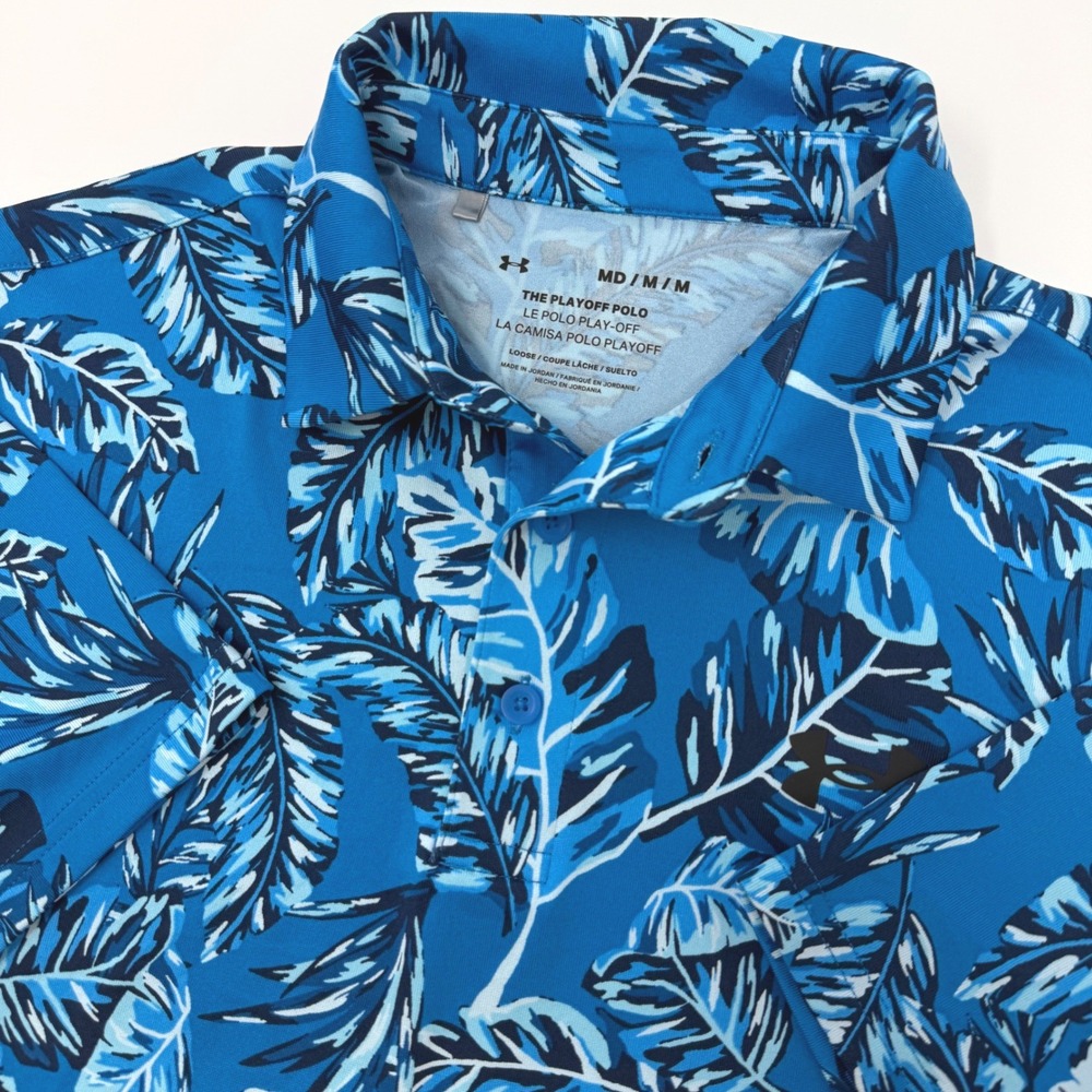 Under Armour Mens Medium Playoff Polo Blue Tropical Palm Leaf Print Golf Shirt